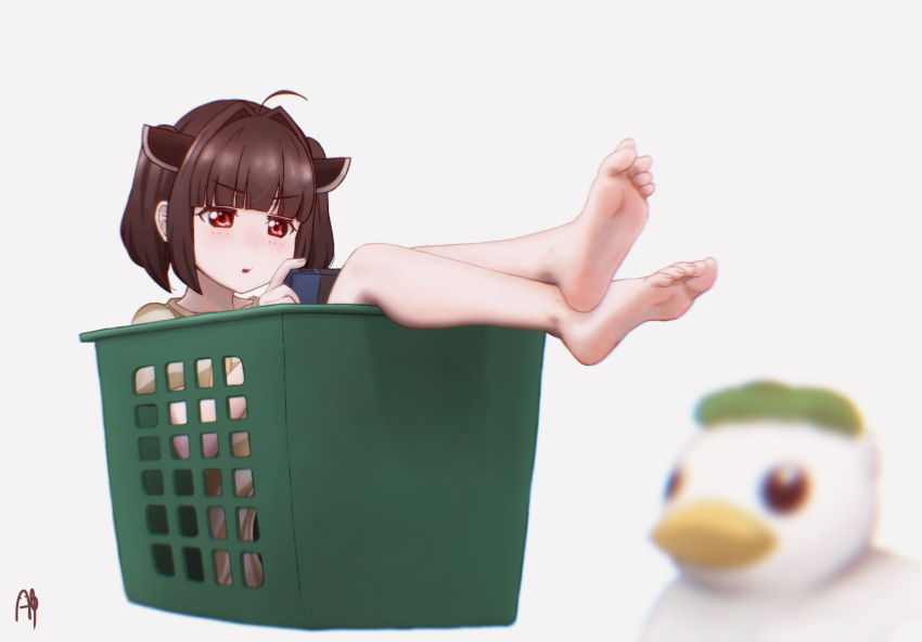 1girl ahoge bangs barefoot bird black_hair blunt_bangs blurry blurry_foreground bob_cut box crossed_ankles duck feet foot_focus hair_intakes handheld_game_console headgear in_box in_container laundry_basket red_eyes short_hair soles stuffed_toy toes touhoku_kiritan voiceroid white_background yukkuri_bitto