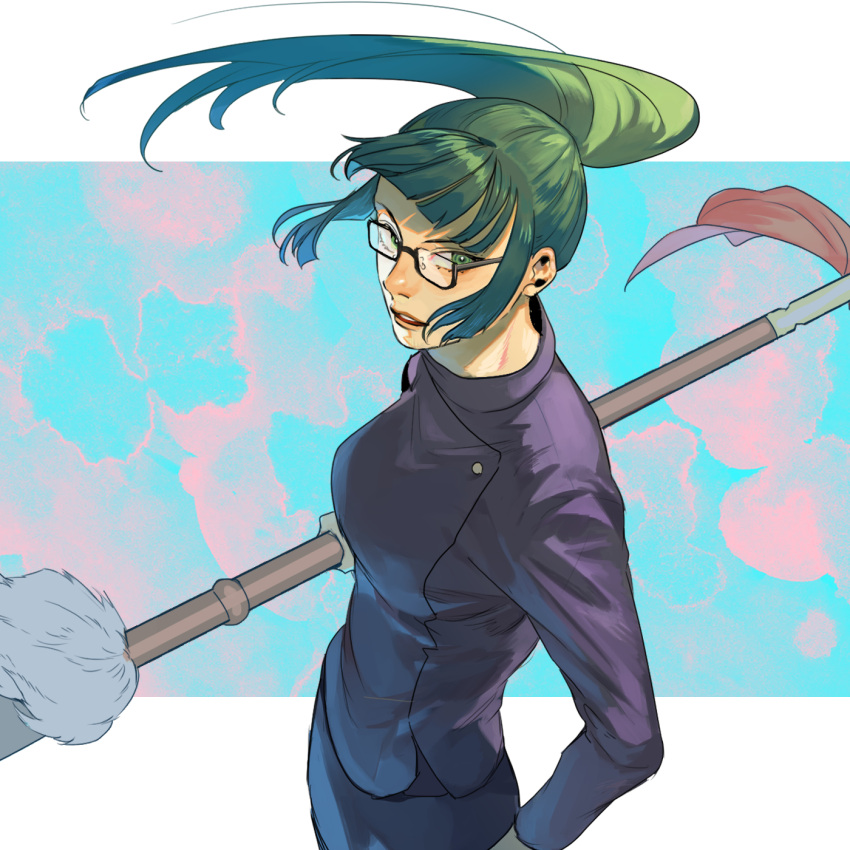 bangs blue_background glasses green_eyes green_hair highres holding holding_weapon jujutsu_kaisen long_hair long_sleeves looking_at_viewer polearm school_uniform sidelocks simple_background spear standing tentaro_(miyuuuuu-u) weapon zen'in_maki