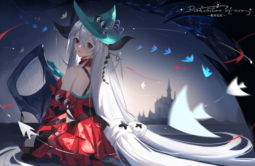 1girl absurdres arknights bangs bare_shoulders blue_gloves blue_headwear detached_sleeves dress duohelengshuiba from_behind gloves hair_ornament harp highres instrument long_hair long_sleeves looking_at_viewer looking_back parted_lips red_dress red_eyes silver_hair skadi_(arknights) skadi_the_corrupting_heart_(arknights) smile solo very_long_hair