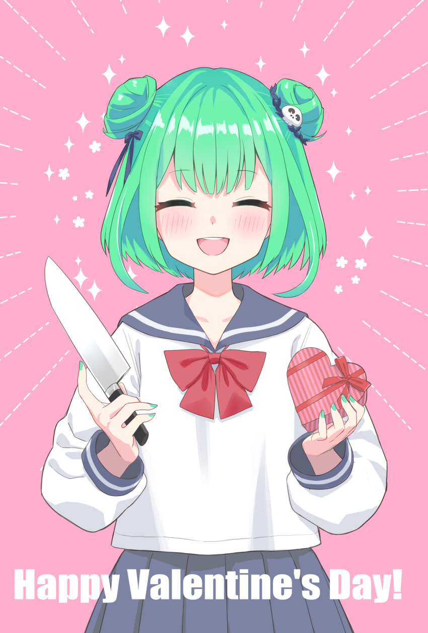 1girl candy chameleon_(ryokucha_combo) chocolate chocolate_heart closed_eyes double_bun food green_hair green_nails hair_ornament happy_valentine heart highres hololive kitchen_knife knife open_mouth pink_background pleated_skirt round_teeth school_uniform serafuku skirt skull_hair_ornament smile solo sparkle teeth upper_body uruha_rushia virtual_youtuber