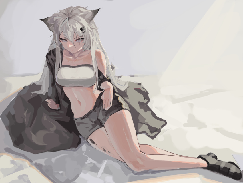 1girl animal_ears arknights bandeau bangs bare_legs bare_shoulders black_footwear black_shorts breasts commentary grey_eyes hair_between_eyes hair_ornament hairclip highres lappland_(arknights) long_hair looking_at_viewer medium_breasts midriff navel off_shoulder scar scar_across_eye shoes short_shorts shorts silver_hair solo stomach strapless tesbori thighs tubetop wolf_ears