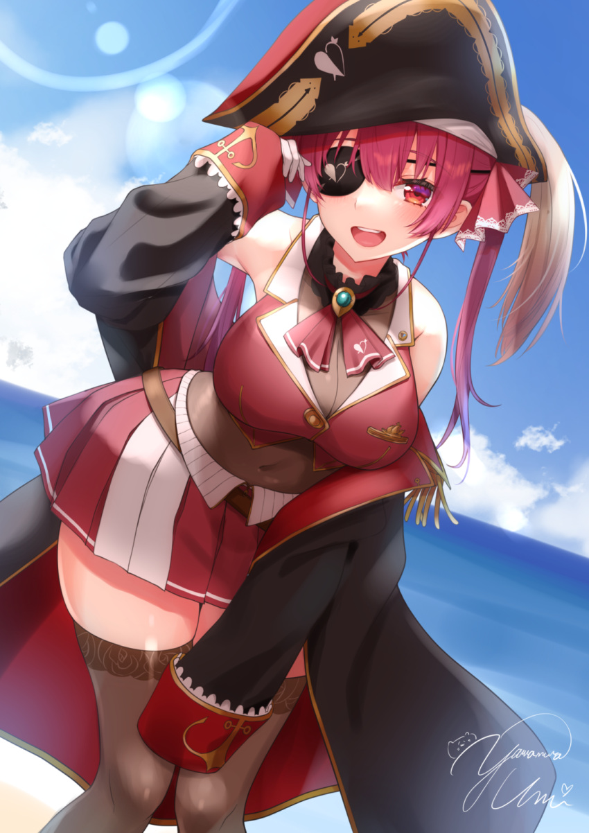 1girl bare_shoulders black_coat black_headwear black_legwear blush breasts brooch coat covered_navel eyepatch gloves hair_ornament hair_ribbon hat highres holoive hololive houshou_marine jewelry large_breasts large_hat long_hair looking_at_viewer off_shoulder one_eye_covered open_mouth outdoors pirate_hat pleated_skirt red_eyes red_ribbon red_shirt red_skirt redhead ribbon shirt signature skirt sky sleeveless sleeveless_shirt smile solo thigh-highs thighs twintails water white_gloves yamamura_umi