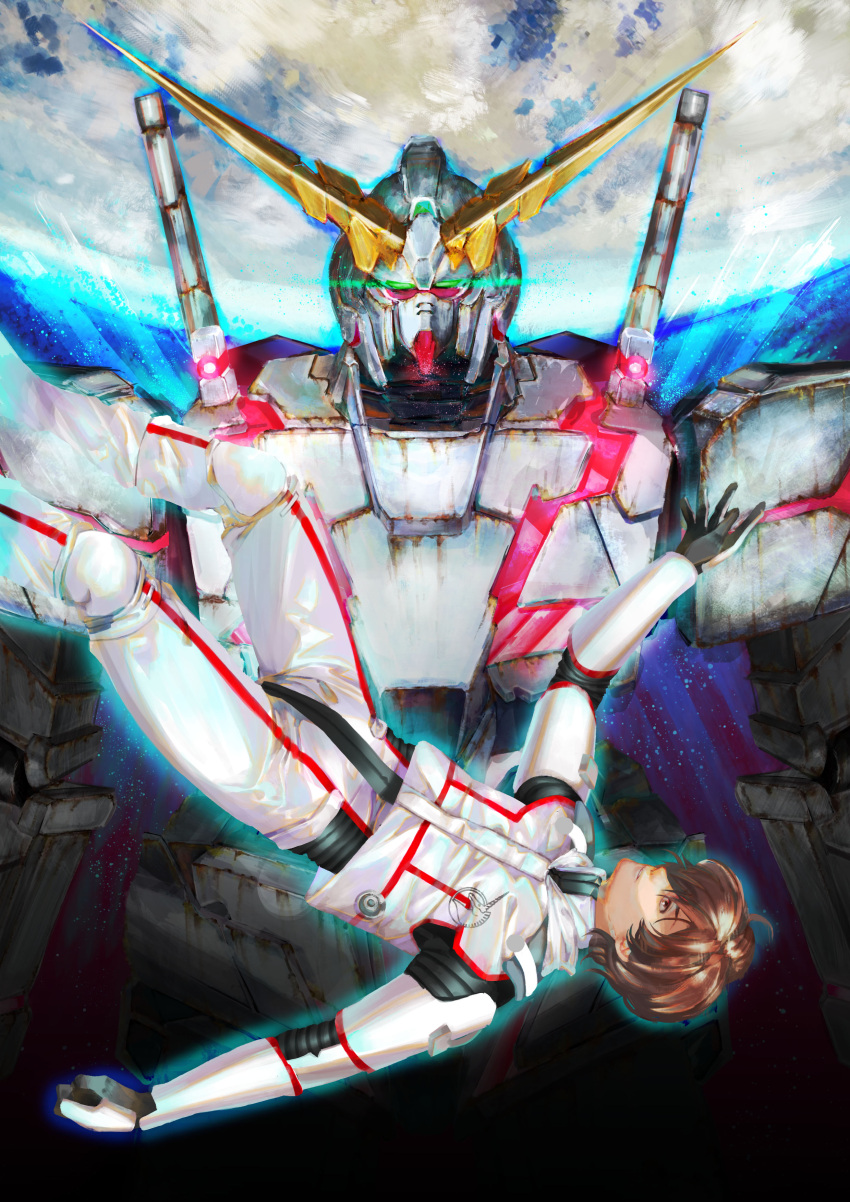 1boy absurdres brown_eyes brown_hair character_request clenched_hand floating glowing glowing_eyes green_eyes gundam gundam_unicorn highres knee_pads lens_flare light_particles male_focus mecha niza parted_lips planet reaching_out rust solo sword turtleneck v-fin weapon weapon_on_back