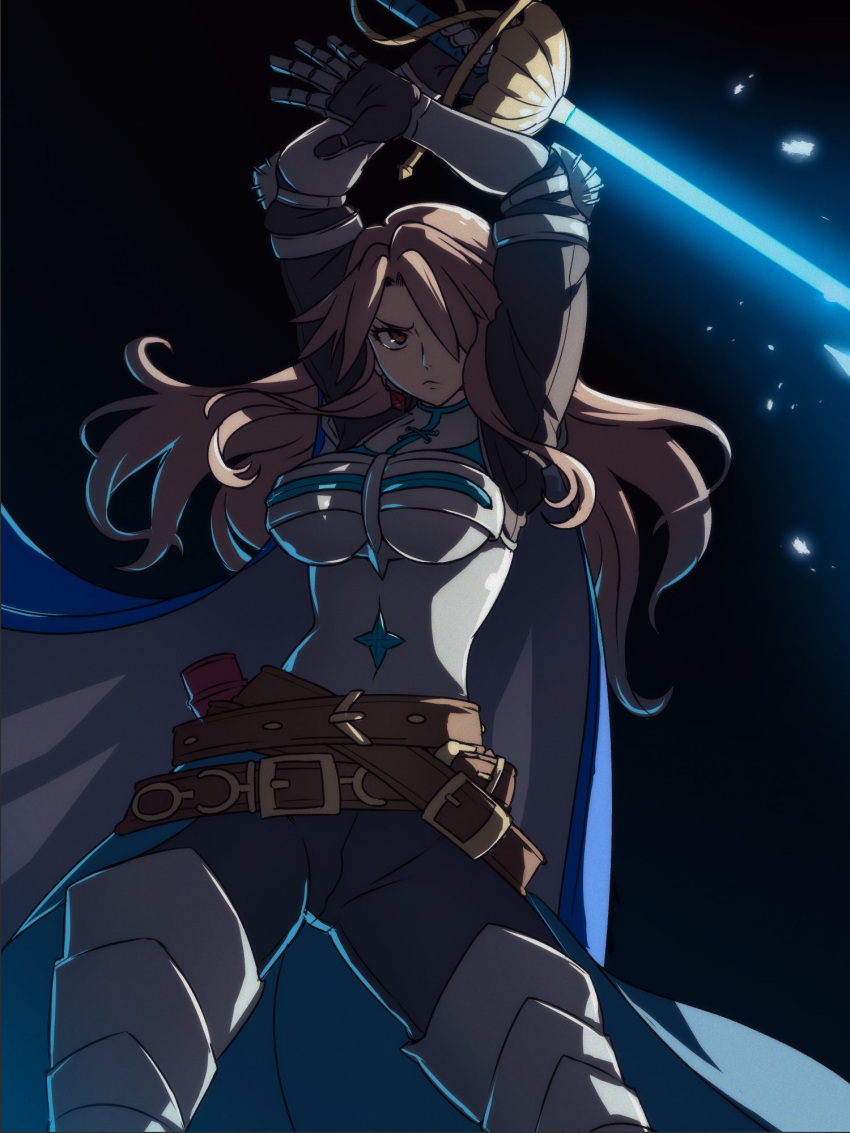 1girl akairiot arms_up belt black_background breasts brown_hair cape cowboy_shot floating_hair glowing granblue_fantasy hair_over_one_eye highres holding holding_sword holding_weapon katalina_aryze large_breasts long_hair looking_at_viewer solo sword weapon