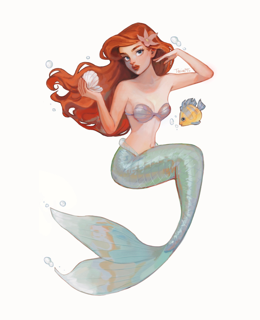 1girl ariel_(disney) bangs blue_eyes breasts bubble collarbone fish flower full_body hair_flower hair_ornament highres holding long_hair looking_at_viewer medium_breasts mermaid monster_girl navel redhead shell shell_bikini simple_background solo tasiams the_little_mermaid