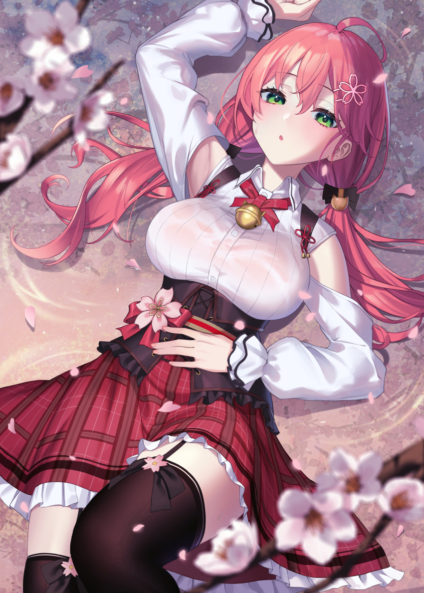 1girl :o ahoge arm_up bangs bell black_legwear black_ribbon blush breasts cherry_blossoms collared_shirt corset eyebrows_visible_through_hair frilled_skirt frills from_above garter_straps green_eyes hair_ornament hair_ribbon hairclip hand_on_own_stomach highres hololive jingle_bell knee_up large_breasts long_hair long_sleeves looking_at_viewer low_twintails lying neck_ribbon on_back parted_lips petals pink_hair plaid plaid_skirt red_neckwear red_ribbon red_skirt reflection ribbon sakura_miko shallow_water shirt skirt solo thigh-highs twintails underbust virtual_youtuber water white_shirt yaye zettai_ryouiki
