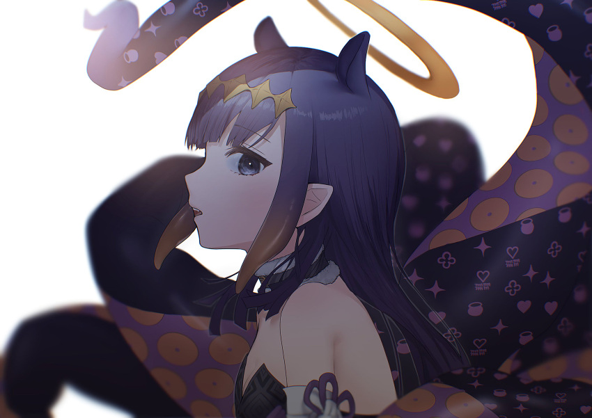 1girl animal_ears bangs bare_shoulders black_collar black_dress black_hair blue_eyes blunt_bangs collar dress elbow_gloves fang flat_chest from_side fur-trimmed_collar gloves gradient_hair halo headpiece highres hololive hololive_english itagaku long_hair looking_at_viewer multicolored_hair ninomae_ina'nis orange_hair parted_lips pointy_ears profile sidelocks sideways_glance single_elbow_glove solo strapless strapless_dress tentacle_hair tentacles tube_dress upper_body very_long_hair virtual_youtuber