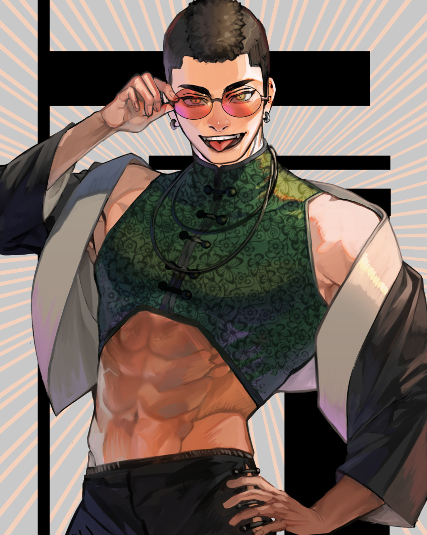 1boy abs adjusting_eyewear alternate_costume black_hair earrings fangs haikyuu!! hand_on_hip highres jewelry looking_at_viewer male_focus midriff mohawk simple_background smile solo standing tentaro_(miyuuuuu-u) tinted_eyewear toned toned_male tongue tongue_out upper_body yamamoto_taketora