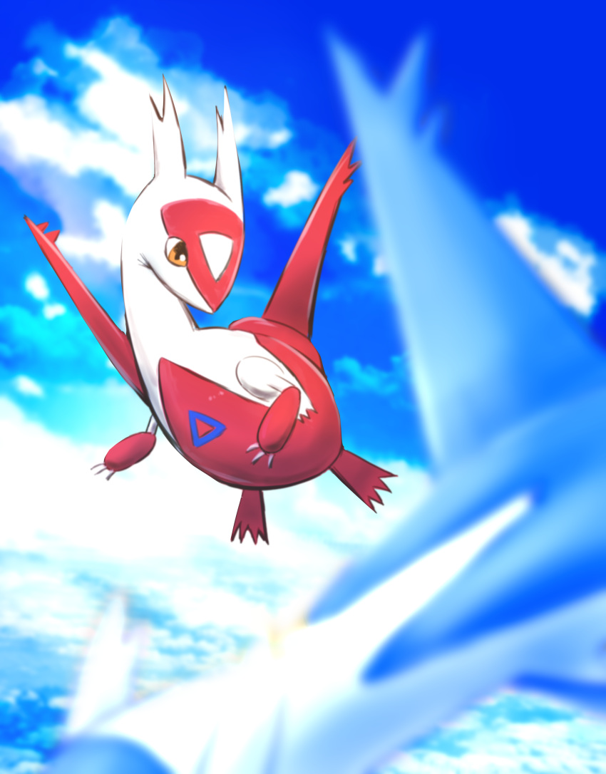 above_clouds absurdres blurry blurry_foreground claws clouds commentary_request day flying gen_3_pokemon highres kikuzunooka latias latios legendary_pokemon no_humans orange_eyes outdoors pokemon pokemon_(creature) sky