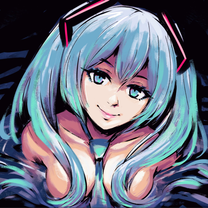 1girl akairiot aqua_eyes aqua_hair aqua_neckwear bangs breasts collarbone convenient_censoring hair_over_breasts hatsune_miku highres looking_at_viewer medium_breasts necktie shadow smile solo upper_body vocaloid