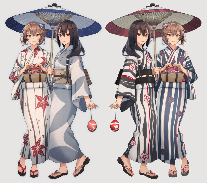 2girls alternate_costume barefoot black_hair brown_hair closed_mouth eyebrows_visible_through_hair full_body green_eyes grey_background hair_between_eyes highres holding japanese_clothes kantai_collection kasumi_(skchkko) kimono long_hair long_sleeves multiple_girls multiple_views mutsu_(kancolle) nagato_(kancolle) obi oil-paper_umbrella open_mouth red_eyes sash short_hair simple_background smile umbrella wide_sleeves yukata