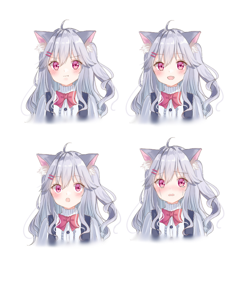 &gt;:( 1girl :d :t animal_ear_fluff animal_ears arry_(arrysub) bow cat_ears cat_girl crying crying_with_eyes_open fang highres long_hair one_side_up open_mouth original pink_eyes shirt silver_hair smile tears wavy_hair white_shirt