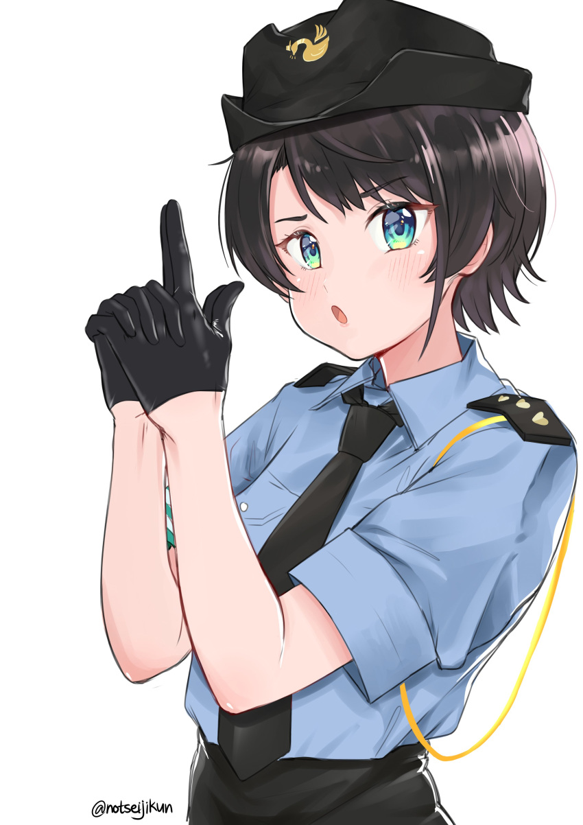 1girl absurdres alternate_costume bangs black_gloves black_hair black_headwear black_neckwear blue_eyes blue_shirt blush breasts collared_shirt commentary epaulettes eyebrows_visible_through_hair finger_gun gloves hands_clasped hat highres hololive latex latex_gloves looking_at_viewer medium_breasts necktie oozora_subaru open_mouth own_hands_together parted_bangs police police_hat police_uniform seiji_kimoti shirt shirt_tucked_in short_hair simple_background solo twitter_username uniform upper_body virtual_youtuber white_background wing_collar