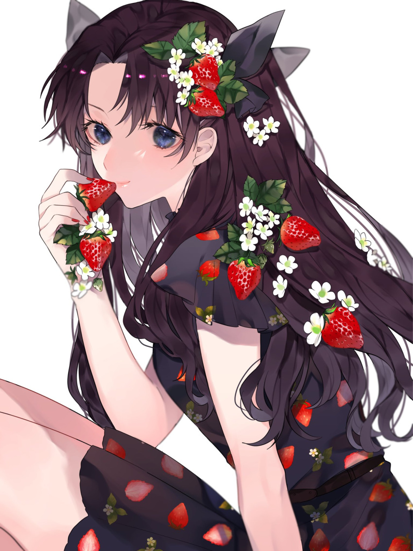 1girl alternate_costume bangs black_dress black_hair blue_eyes closed_mouth dress fate/stay_night fate_(series) flower food food_print fruit hand_up highres holding holding_food knees_up long_hair looking_at_viewer ribbon shimatori_(sanyyyy) shiny shiny_hair short_sleeves simple_background sitting smile solo strawberry strawberry_print symbol_commentary tohsaka_rin two_side_up white_background white_flower