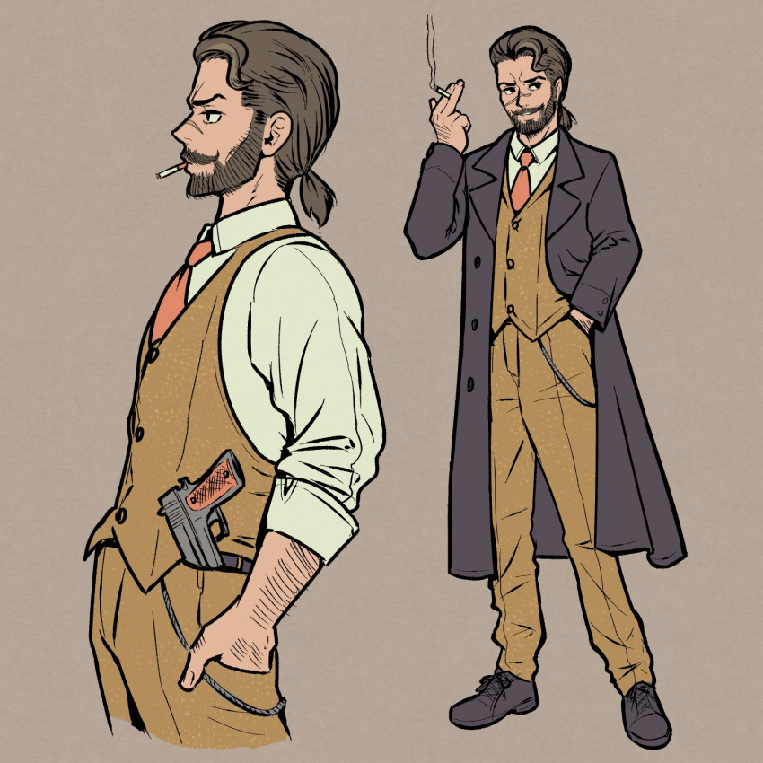 1boy akairiot beard black_coat brown_background brown_hair brown_pants brown_vest cigarette coat facial_hair hand_in_pocket highres long_sleeves male_focus multiple_views necktie original pants profile red_neckwear shirt short_ponytail simple_background smoke smoking vest white_shirt