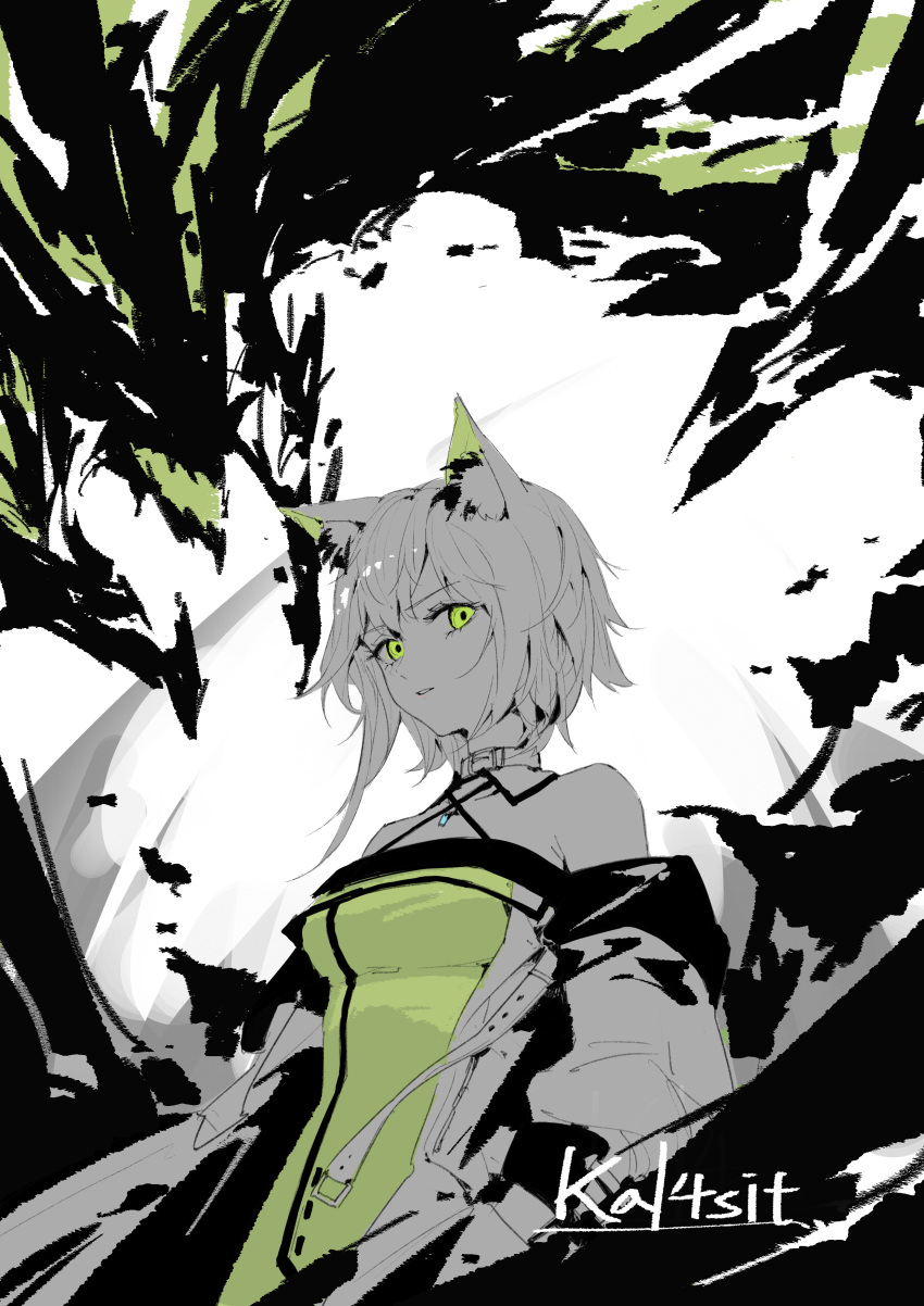 1girl absurdres animal_ear_fluff animal_ears areaaaron arknights bare_shoulders belt_collar breasts character_name collar criss-cross_halter green_theme halterneck highres kal'tsit_(arknights) looking_at_viewer medium_breasts medium_hair monochrome off-shoulder_jacket parted_lips solo upper_body
