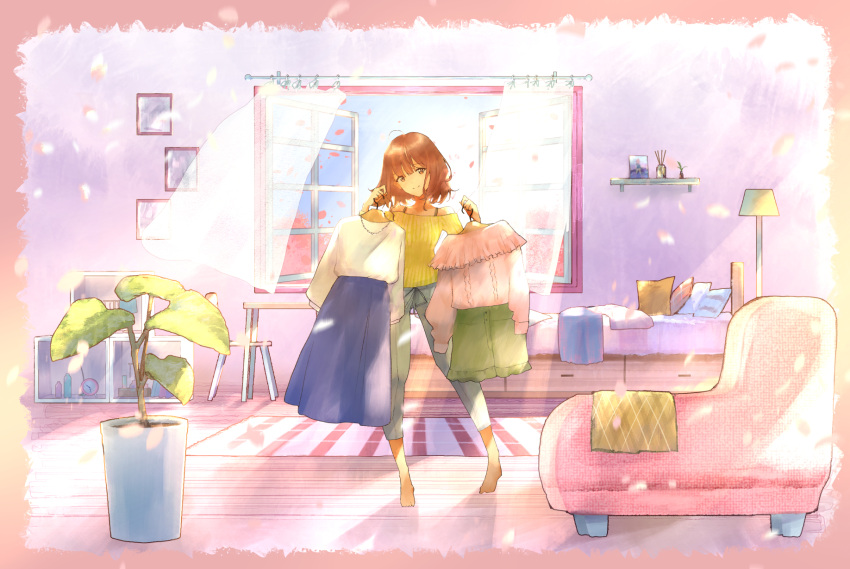 ahoge barefoot bed brown_eyes brown_hair chair changing_clothes character_request cherry_blossoms clothes_hanger day denim desk goroku highres indoors lamp official_art open_window petals plant ribbed_sweater short_hair shorts skirt smile standing sweater tree vocaloid wind window wooden_floor yellow_sweater