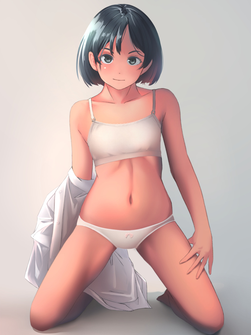 1girl bare_arms black_hair bow bow_panties bra closed_mouth collarbone commentary dress_shirt flat_chest gradient gradient_background green_eyes highres kneeling looking_at_viewer navel original panties shirt short_hair simple_background solo training_bra underwear white_panties white_shirt yubata