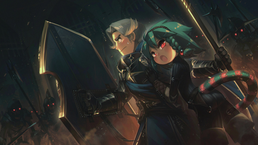 1boy 1girl :o absurdres armor ass bangs beads belt black_gloves blush braid breastplate cecile_(porforever) chameleon_tail clinging commentary english_commentary gloves glowing glowing_eyes green_hair grey_hair hair_beads hair_ornament hairband halberd highres original polearm porforever red_eyes shield short_hair side_braid skeleton striped_tail tail weapon yellow_eyes