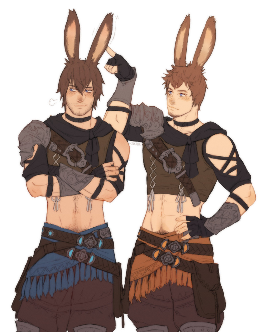 2boys =3 absurdres adventurer_(ff14) alternate_race animal_ears ardbert_(ff14) artist_name belt_pouch black_collar blue_eyes brown_hair clothing_cutout collar commentary cowboy_shot crossed_arms english_commentary facial_hair final_fantasy final_fantasy_xiv fingerless_gloves gloves hand_on_hip highres kemonomimi_mode kia_shie looking_away male_focus midriff multiple_boys navel navel_hair poking pouch rabbit_ears short_hair shoulder_cutout simple_background single_pauldron stubble tassel vambraces viera white_background