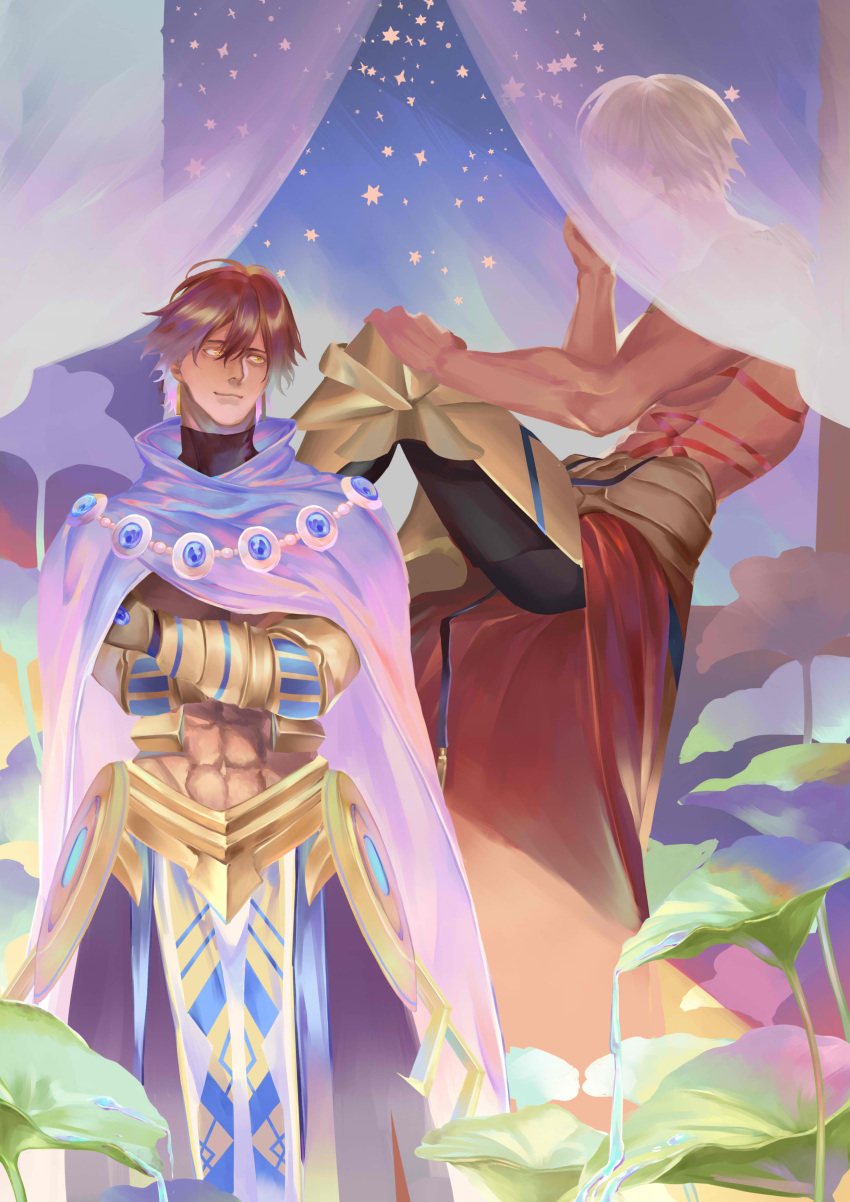 2boys abs absurdres armor blonde_hair body_markings brown_hair cloak closed_mouth crossed_arms curtains earrings fate/grand_order fate_(series) flower gilgamesh_(fate) greaves hair_between_eyes highres jewelry looking_at_another male_focus multiple_boys muscular muscular_male navel necklace niza ozymandias_(fate) plant shirtless sitting smile star_(symbol) star_print transparent turtleneck vambraces water yellow_eyes