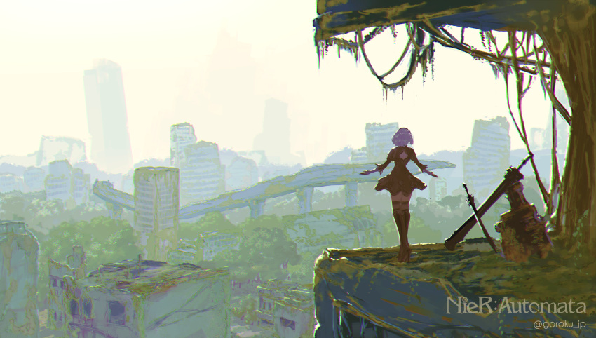 1girl artist_name black_dress black_legwear blurry building city cityscape clouds copyright_name depth_of_field dress facing_away fog goroku grass high_heels highres katana muted_color nier_(series) nier_automata outdoors post-apocalypse rooftop ruins scenery sky skyscraper standing sword thigh-highs tree weapon wide_shot yorha_no._9_type_s zettai_ryouiki