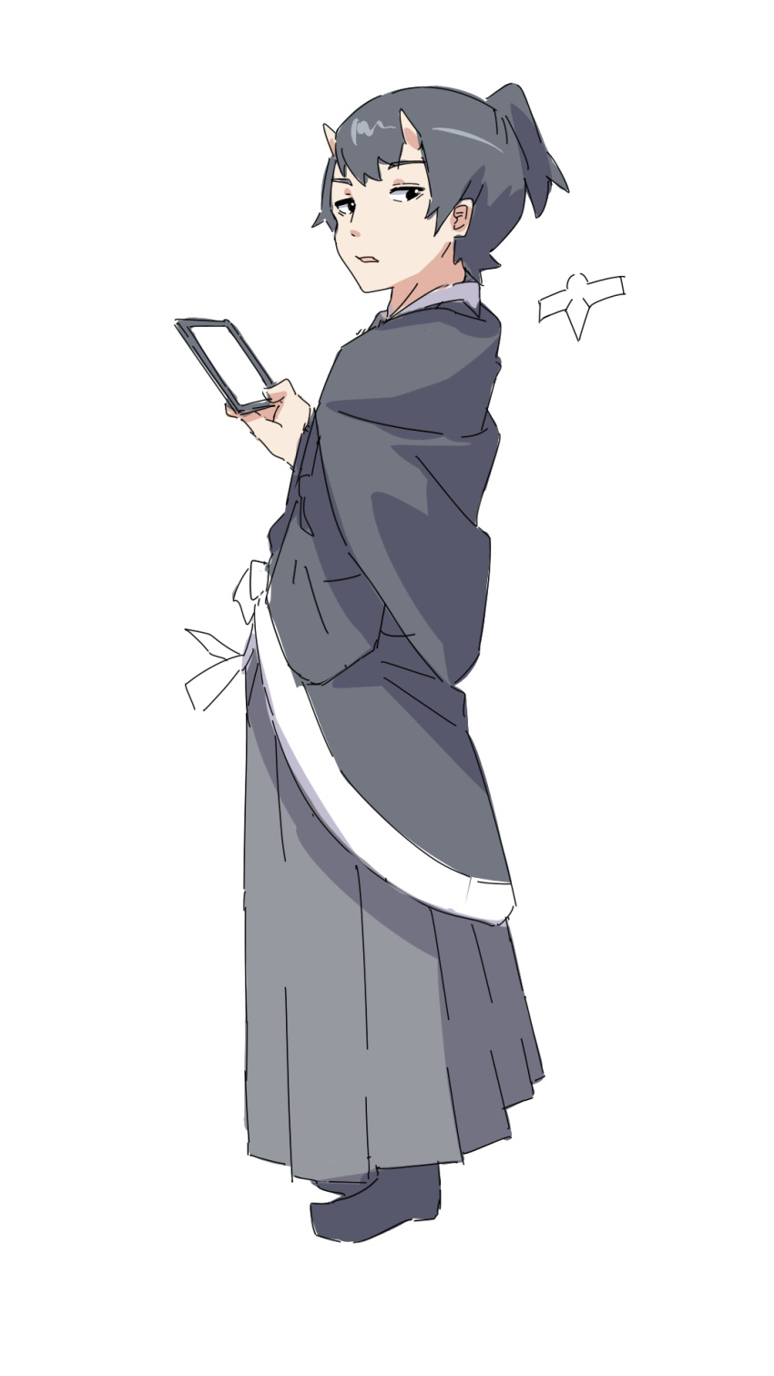 1boy black_eyes black_footwear black_hair black_kimono cellphone from_side full_body grey_hakama hakama highres holding holding_phone horns japanese_clothes kimono kuro_kosyou looking_at_viewer looking_to_the_side male_focus oni oni_horns original parted_lips phone ponytail shikigami shoes simple_background solo white_background