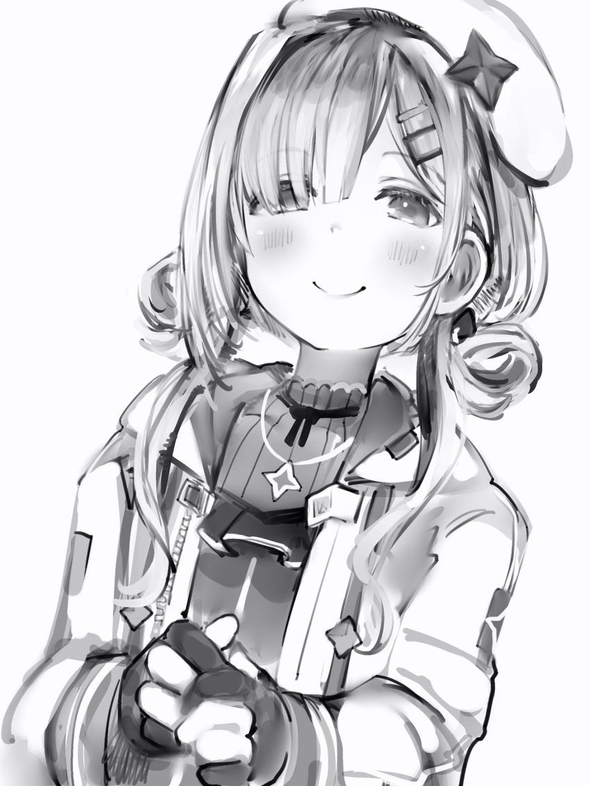 1girl amane_kanata blush breasts closed_mouth gloves greyscale hair_ornament hair_over_one_eye hairclip hat highres hololive jacket long_sleeves looking_at_viewer low_twintails medium_breasts monochrome nanashi_(nlo) open_clothes open_jacket partially_fingerless_gloves simple_background smile solo twintails upper_body white_background