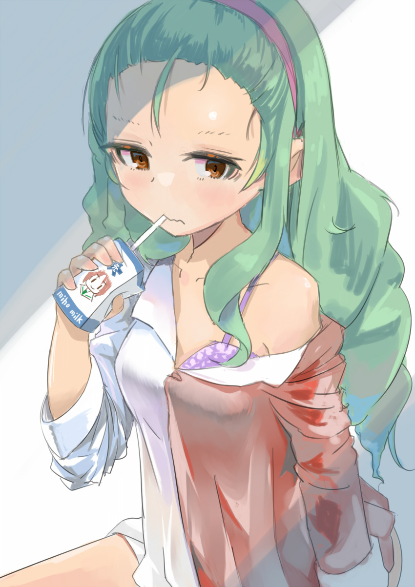 1girl anchovy_(girls_und_panzer) bra brown_eyes character_print closed_mouth commentary drinking emblem english_text frown girls_und_panzer green_hair hair_pulled_back hairband highres holding juice_box long_hair long_sleeves looking_at_viewer monomono nishizumi_miho off_shoulder ooarai_(emblem) pajamas purple_bra purple_hairband sitting sleepwear solo underwear