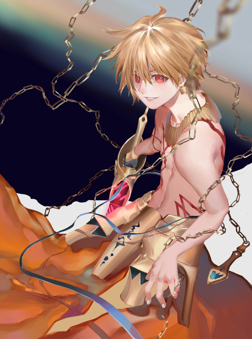 1boy absurdres armor black_gloves blonde_hair blurry blurry_foreground body_markings chain child_gilgamesh_(fate) earrings fate/grand_order fate_(series) fingernails gloves glowing glowing_weapon hair_between_eyes highres holding holding_lance holding_polearm holding_weapon jewelry lance male_focus navel necklace niza parted_lips polearm red_eyes shirtless single_glove smile solo teeth weapon