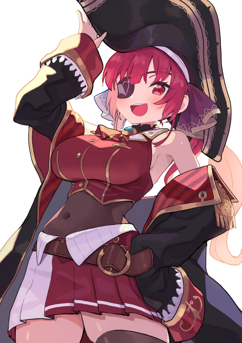 1girl :d anchor_print armpits bangs bare_shoulders belt black_coat breasts brown_belt coat commentary_request covered_navel eyepatch from_below hat highres hololive houshou_marine large_breasts moutama off_shoulder open_mouth pirate_hat pleated_skirt red_neckwear red_shirt red_skirt redhead shirt skindentation skirt sleeve_cuffs smile solo thigh-highs twintails