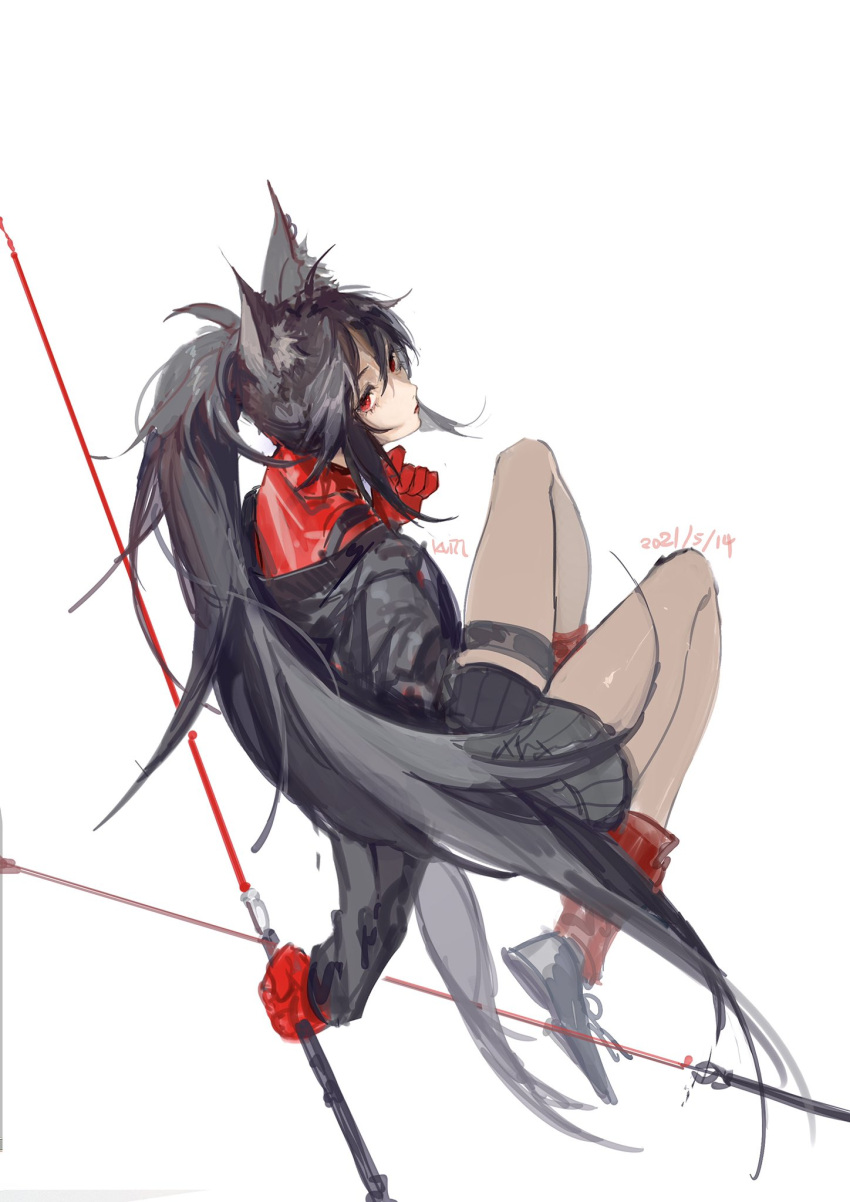 1girl animal_ear_fluff animal_ears arknights black_footwear black_jacket closed_mouth dated gloves hair_between_eyes highres holding jacket kurii89800727 lipstick long_hair looking_at_viewer looking_back makeup ponytail red_eyes red_gloves red_lips signature simple_background sketch solo texas_(arknights) texas_(willpower)_(arknights) thigh_strap white_background