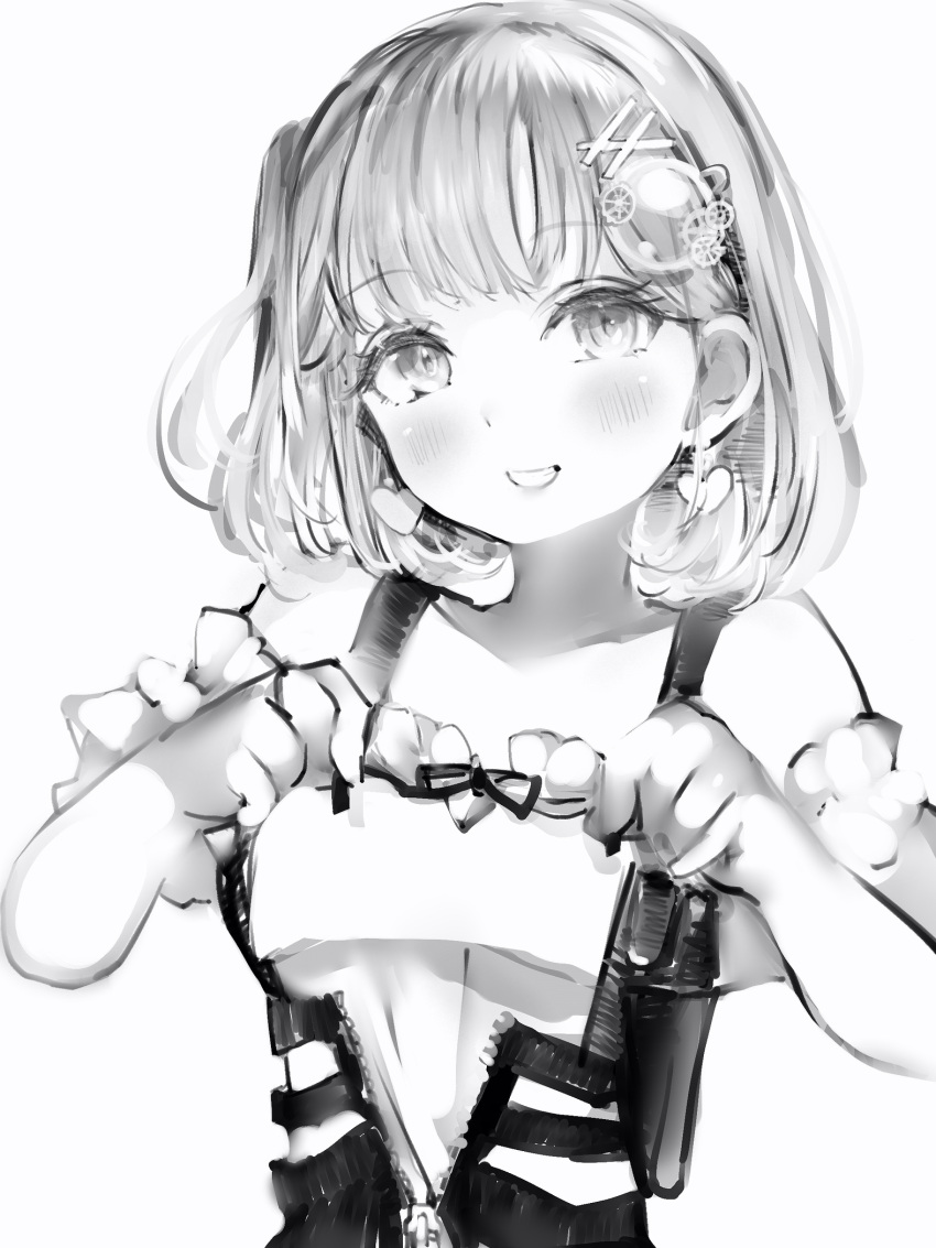 1girl bare_shoulders blush corset earrings greyscale gun hair_ornament hairclip handgun hands_up head_tilt heart heart_earrings highres hololive hololive_english holster jewelry looking_at_viewer medium_hair monochrome nanashi_(nlo) pistol ribbon simple_background smile solo watson_amelia weapon white_background