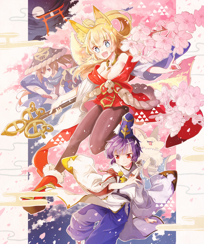 1boy 3girls :d animal_ears blonde_hair blue_eyes blue_headwear breasts brown_hair cherry_blossoms commentary_request fox_ears fox_girl furry hat high_ponytail highres holding holding_weapon inaho_(world_flipper) japanese_clothes kimono long_hair minami_(narayai) multiple_girls open_mouth purple_hair red_eyes samurai sheath sheathed shirano_(world_flipper) short_hair smile soushiro_(world_flipper) staff star-shaped_pupils star_(symbol) suizen_(world_flipper) symbol-shaped_pupils weapon world_flipper
