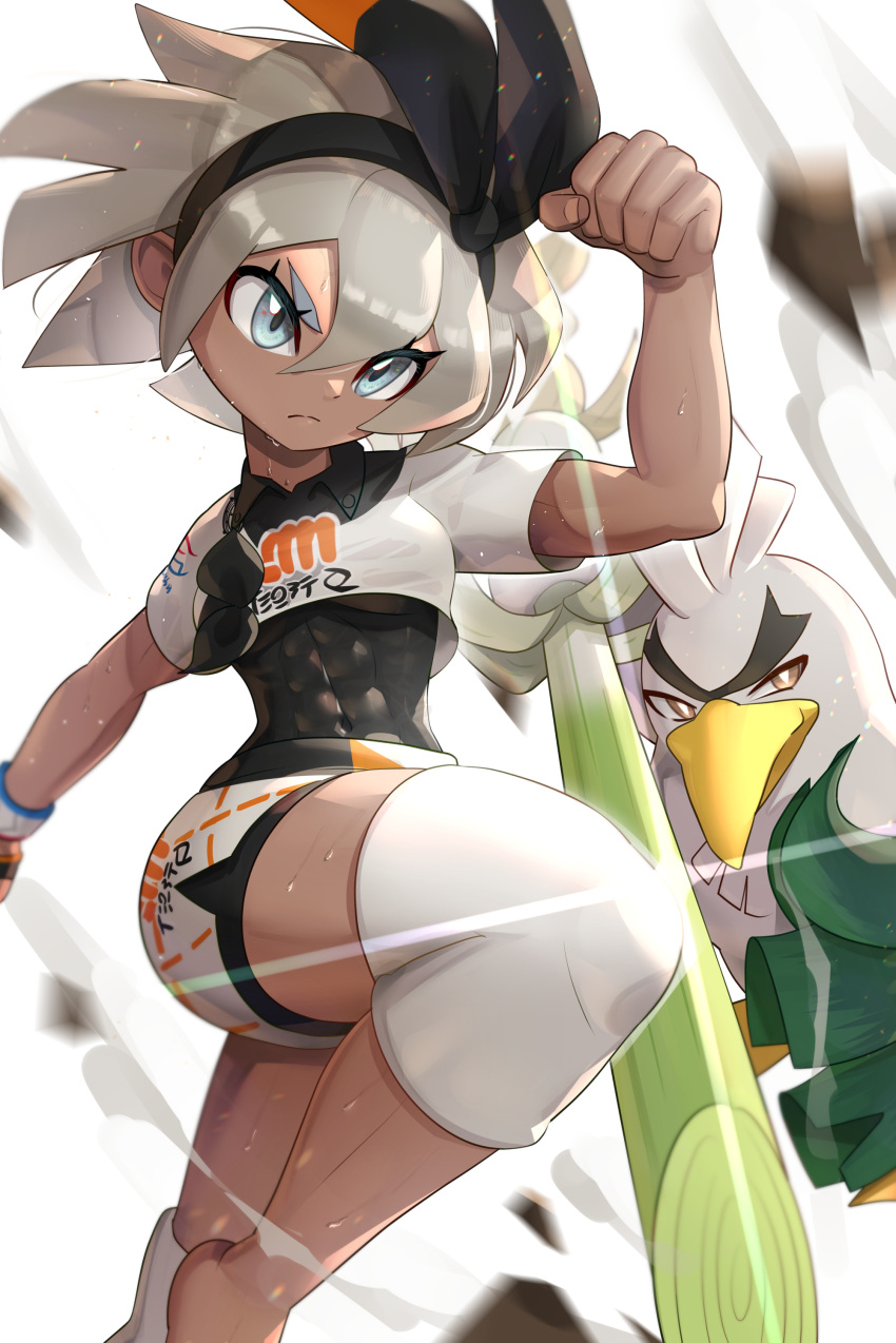 1girl absurdres bangs bea_(pokemon) black_bodysuit black_hairband blurry bodysuit bodysuit_under_clothes bow_hairband clenched_hand closed_mouth collared_shirt commentary dark_skin dark-skinned_female dynamax_band eyelashes frown gen_8_pokemon gloves gonzarez grey_eyes grey_hair gym_leader hair_between_eyes hairband highres knee_pads pokemon pokemon_(creature) pokemon_(game) pokemon_swsh print_shirt print_shorts shirt short_sleeves shorts side_slit side_slit_shorts single_glove sirfetch'd spring_onion
