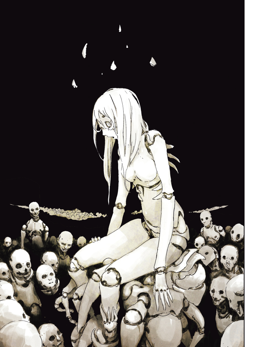 1girl absurdres android black_background black_eyes crowd doll doll_joints highres joints long_hair monochrome multiple_boys nihei_tsutomu ningyou_no_kuni official_art open_mouth simple_background sitting sitting_on_person white_eyes white_hair