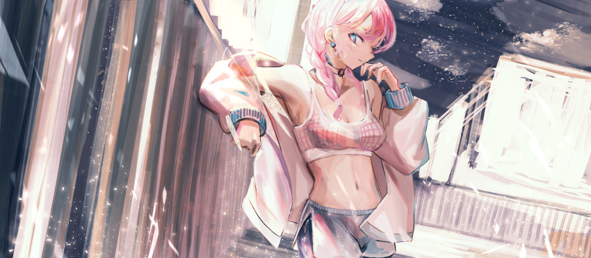 1girl arknights arm_support armpits bare_shoulders blue_eyes blue_poison_(arknights) blue_poison_(shoal_beat)_(arknights) braid breasts choker collarbone commentary cowboy_shot crop_top hairband highres jacket long_sleeves looking_at_viewer low_twintails midriff navel off_shoulder open_clothes open_jacket outdoors pink_hair shirt short_shorts shorts sleeveless sleeveless_shirt small_breasts solo spaghetti_strap standing stomach tibaya8 twin_braids twintails white_jacket white_shirt white_shorts