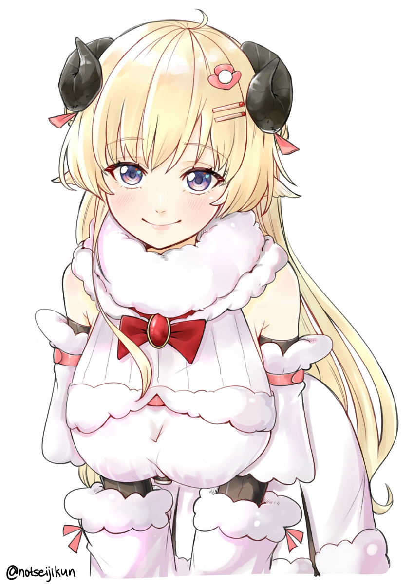 1girl absurdres ahoge animal_ears blonde_hair blush bow bowtie breasts brooch closed_mouth commentary detached_sleeves dress english_commentary eyebrows_visible_through_hair fur-trimmed_dress fur_collar fur_trim gem hair_ornament hairclip highres hololive horns jewelry large_breasts leaning_forward long_hair looking_at_viewer red_bow red_neckwear ribbed_sleeves seiji_kimoti sheep_ears sheep_horns simple_background smile solo tsunomaki_watame twitter_username upper_body violet_eyes virtual_youtuber white_background white_dress