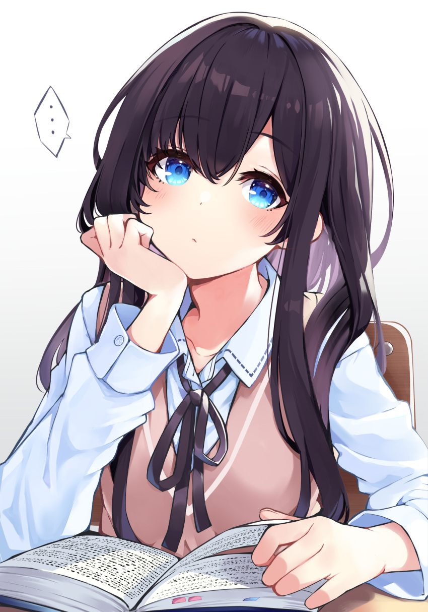 ... 1girl ao_no_neko bangs black_hair black_ribbon blue_eyes blush book chair closed_mouth collared_shirt desk eyebrows_visible_through_hair gradient gradient_background grey_background hair_between_eyes hand_up highres long_hair long_sleeves looking_at_viewer neck_ribbon on_chair open_book original ribbon school_chair school_desk school_uniform shirt sitting solo spoken_ellipsis sweater_vest white_background white_shirt