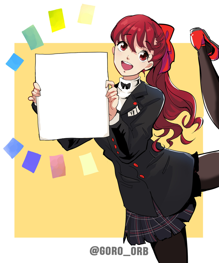 1girl bangs goro_orb hair_ribbon highres looking_at_viewer miniskirt persona persona_5 persona_5_the_royal ponytail red_eyes redhead ribbon school_uniform shuujin_academy_uniform skirt smile yoshizawa_kasumi