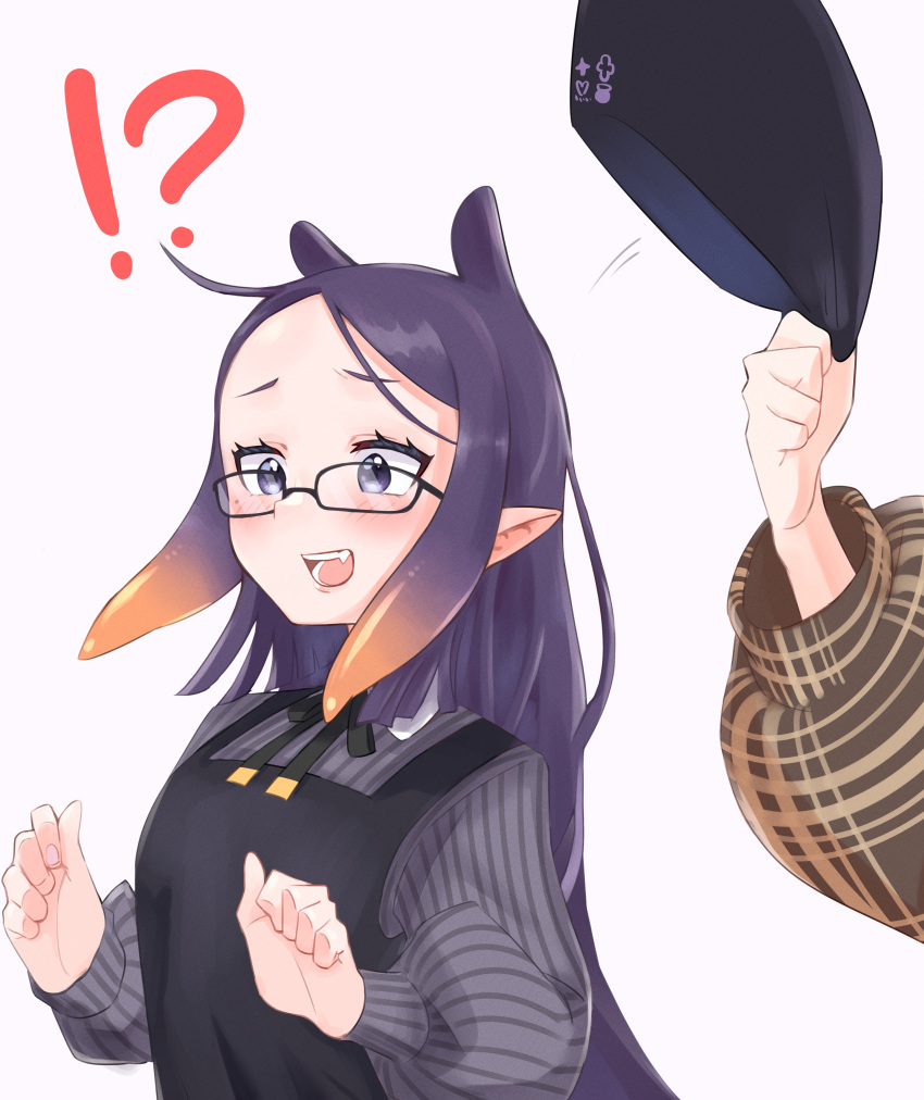 !? 2girls absurdres animal_ears bangs black-framed_eyewear black_dress black_headwear black_neckwear blue_eyes blush dress embarrassed fang flat_cap forehead glasses gradient_hair grey_shirt hat hat_removed headwear_removed highres hololive hololive_english huge_filesize kiwwwwwi long_hair long_sleeves mole mole_under_eye motion_lines multicolored_hair multiple_girls neck_ribbon ninomae_ina'nis open_mouth orange_hair out_of_frame parted_bangs pinafore_dress pinstripe_pattern pinstripe_shirt pointy_ears puffy_long_sleeves puffy_sleeves purple_hair ribbon shirt sidelocks simple_background solo_focus striped tentacle_hair very_long_hair virtual_youtuber watson_amelia white_background