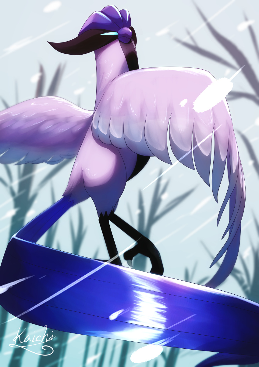 absurdres bare_tree blue_eyes commentary_request day flying from_below galarian_articuno galarian_form gen_8_pokemon highres kaichi_(tomiyu25) legendary_pokemon looking_to_the_side no_humans outdoors pokemon pokemon_(creature) shiny talons tree