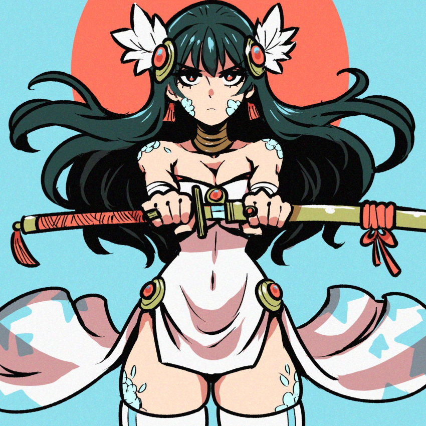 1girl akairiot aqua_background bangs bare_shoulders black_hair cowboy_shot dress earrings english_commentary floating_hair highres holding holding_sword holding_weapon jewelry long_hair looking_at_viewer original red_eyes ring scales serious shadow skindentation solo sword tassel tassel_earrings thigh-highs weapon white_dress
