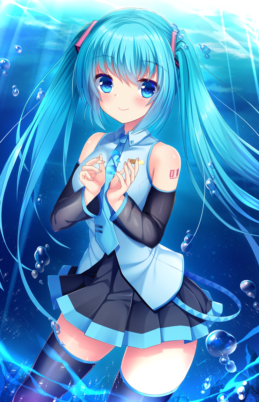 1girl air_bubble bangs bare_shoulders black_legwear black_skirt black_sleeves blue_eyes blue_hair blush breasts bubble closed_mouth collared_shirt commentary_request day detached_sleeves eighth_note eyebrows_visible_through_hair feet_out_of_frame hands_up hatsune_miku highres long_hair long_sleeves looking_at_viewer musical_note outdoors pleated_skirt shirt skirt sleeveless sleeveless_shirt small_breasts smile solo thigh-highs twintails umitonakai underwater very_long_hair vocaloid water white_shirt