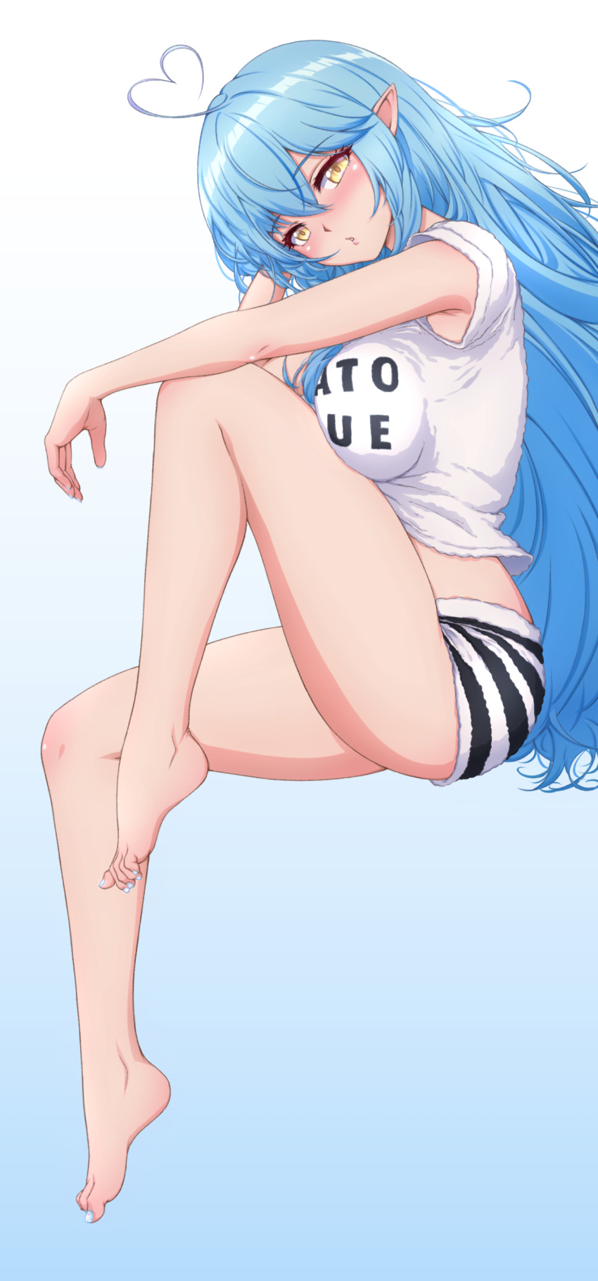 1girl absurdres ahoge bangs bare_legs barefoot blue_background blue_hair blush breasts clothes_writing commentary english_commentary eyebrows_visible_through_hair gradient gradient_background hair_between_eyes heart_ahoge highres hololive knee_to_chest large_breasts legs long_hair looking_at_viewer micro_shorts mixed-language_commentary p-nekoe parted_lips pointy_ears shirt short_sleeves shorts simple_background solo striped striped_shorts toenail_polish very_long_hair virtual_youtuber white_shirt yellow_eyes yukihana_lamy