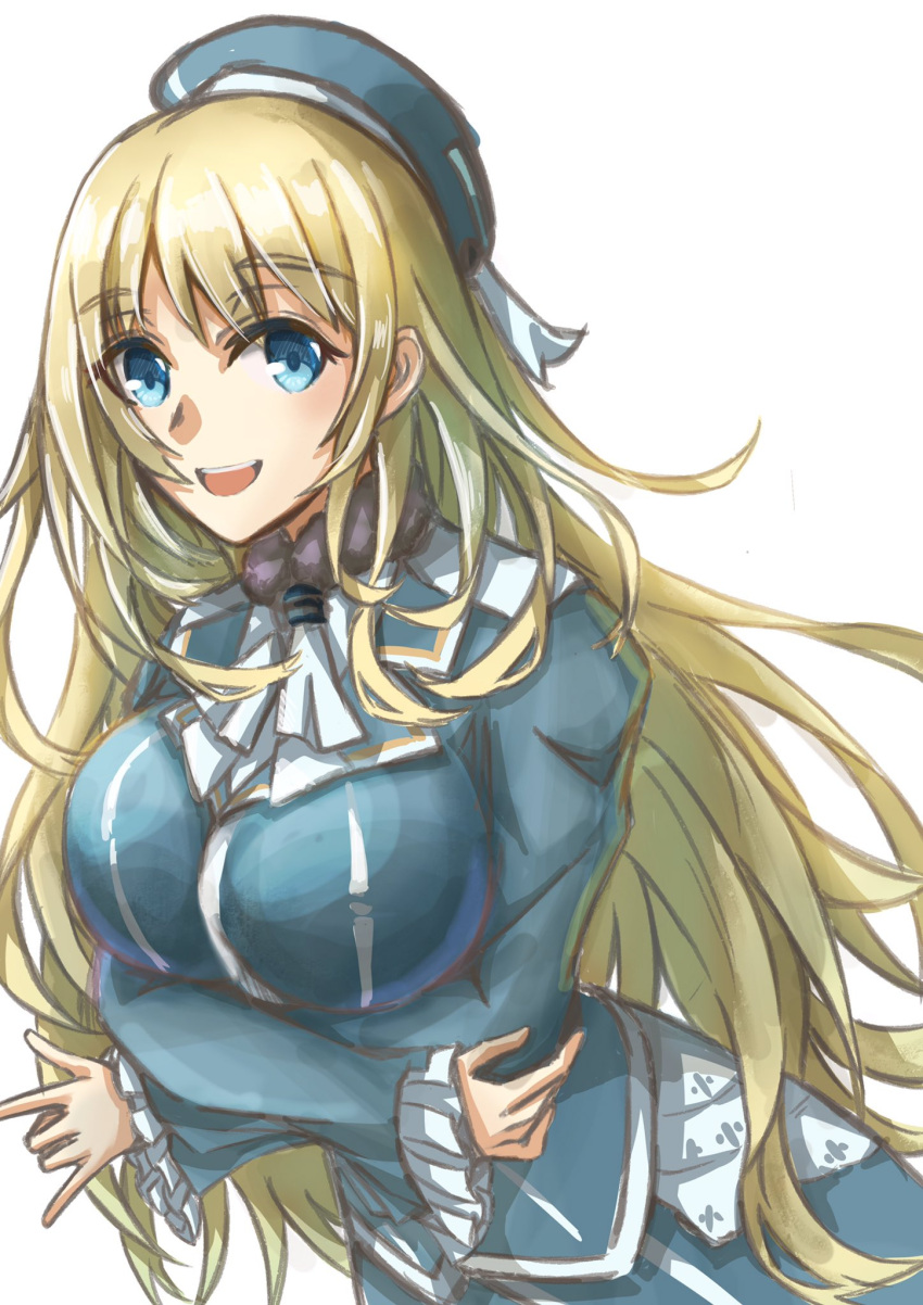 1girl atago_(kancolle) beret blonde_hair blue_headwear blush breasts commentary crossed_arms eyebrows_visible_through_hair green_eyes hair_between_eyes hat highres kantai_collection large_breasts long_hair military military_uniform simple_background skirt smile solo tonke uniform upper_body white_background