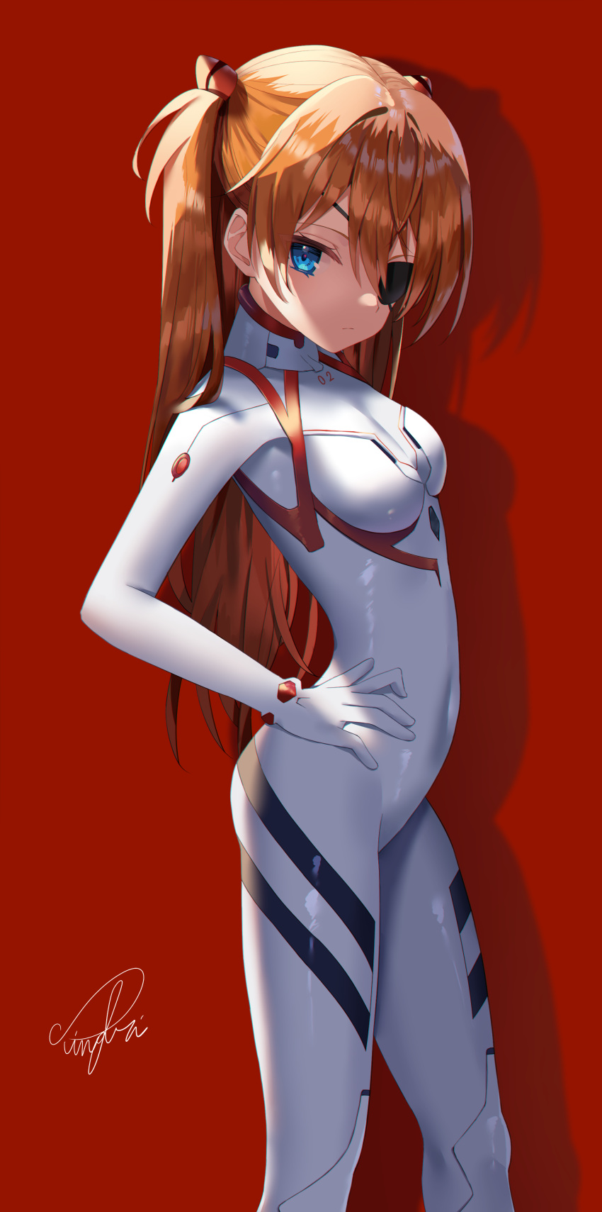 1girl absurdres bangs blue_eyes bodysuit breasts closed_mouth covered_navel evangelion:_3.0+1.0_thrice_upon_a_time eyebrows feet_out_of_frame from_side gloves hair_ornament hand_on_hip highres long_hair looking_at_viewer looking_to_the_side neon_genesis_evangelion one_eye_covered orange_hair plugsuit rebuild_of_evangelion red_background signature simple_background sinobi_illust small_breasts solo souryuu_asuka_langley standing two_side_up white_bodysuit white_gloves