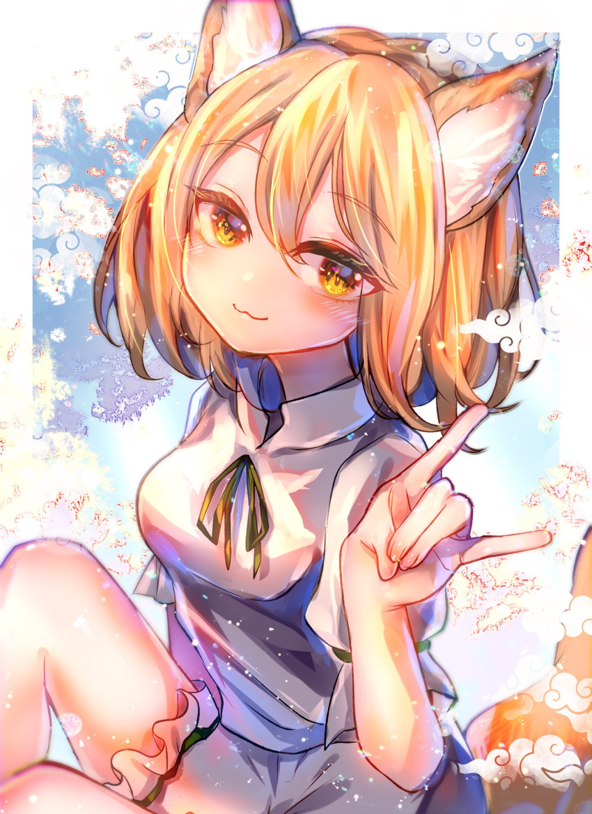 1girl :3 animal_ears bangs border brown_eyes brown_hair closed_mouth eyebrows_visible_through_hair finger_touching fox_ears fox_tail highres itsumizu kudamaki_tsukasa light_particles looking_at_viewer onesie short_hair short_sleeves simple_background smile solo tail touhou white_border white_jumpsuit