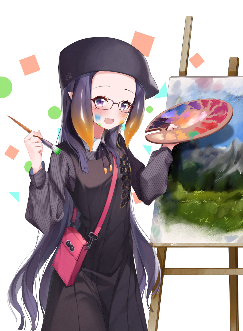 1girl :d absurdres bag beret black_dress black_headwear blush commentary_request dress fang glasses gradient_hair hat highres holding holding_paintbrush hololive hololive_english long_hair multicolored_hair ninomae_ina'nis open_mouth orange_hair paint_on_face paintbrush painting painting_(object) palette purple_hair shoulder_bag smile solo tentacle_hair violet_eyes virtual_youtuber w_wonjin white_background