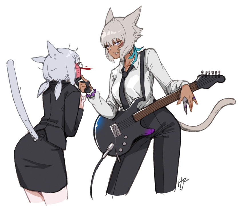 2girls absurdres animal_ears artist_self-insert blood blush breasts cat_ears cat_tail cropped_legs dark_skin dark-skinned_female facial_mark feathers final_fantasy final_fantasy_xiv formal full-face_blush gloves grey_eyes grey_hair guitar hair_feathers highres hjz_(artemi) instrument jewelry looking_at_another medium_breasts miqo'te multiple_girls neck_tattoo necktie nosebleed partially_fingerless_gloves ring shirt short_hair skirt_suit suit suit_jacket tail tattoo whisker_markings white_background white_hair white_shirt y'shtola_rhul